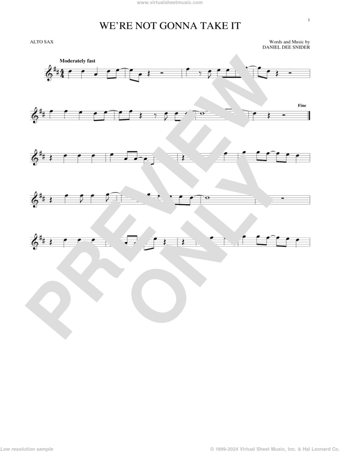 We're Not Gonna Take It sheet music for alto saxophone solo by Twisted Sister and Dee Snider, intermediate skill level