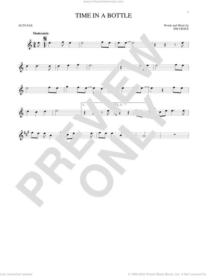 Time In A Bottle sheet music for alto saxophone solo by Jim Croce, intermediate skill level
