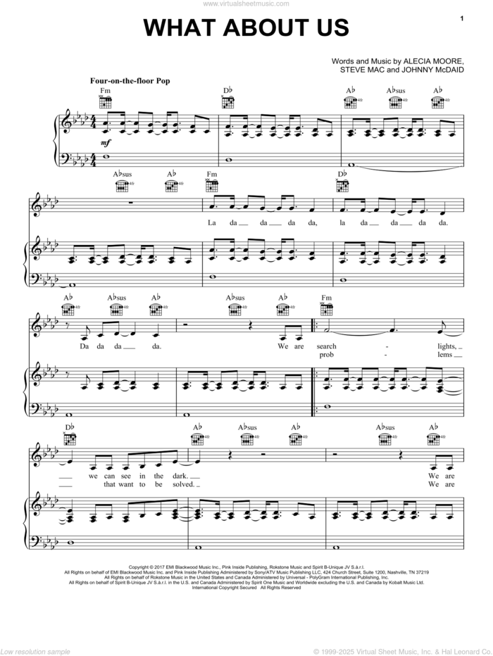 What About Us sheet music for voice, piano or guitar by Steve Mac, Miscellaneous, P!nk, Alecia Moore and Johnny McDaid, intermediate skill level