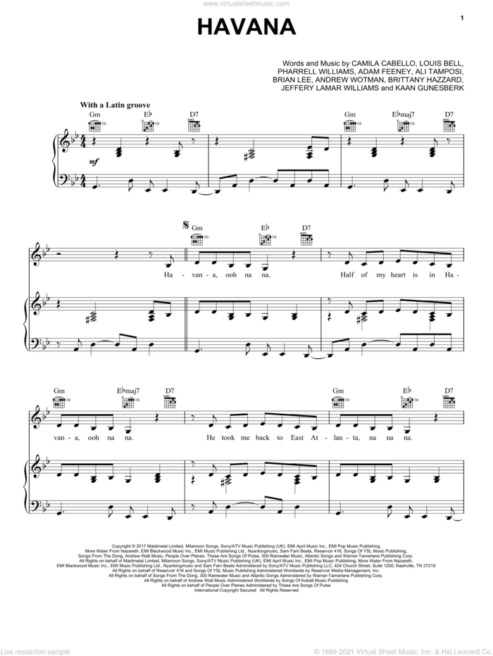 Havana (feat. Young Thug) sheet music for voice, piano or guitar by Camila Cabello featuring Young Thug, Camila Cabello, Ali Tamposi, Brian Lee, Frank Dukes, Pharrell Williams, Starrah, Watt and Young Thug, intermediate skill level