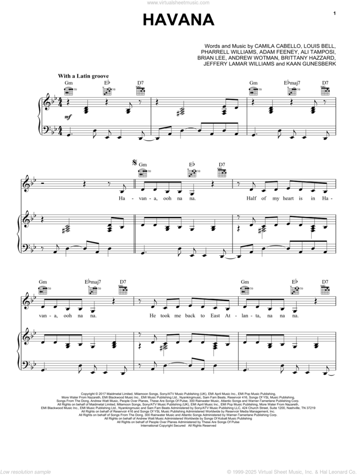 Havana (feat. Young Thug) sheet music for voice, piano or guitar by Camila Cabello featuring Young Thug, Camila Cabello, Ali Tamposi, Brian Lee, Frank Dukes, Pharrell Williams, Starrah, Watt and Young Thug, intermediate skill level