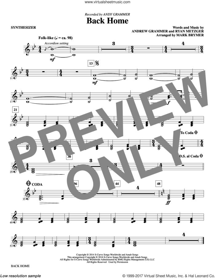 Back Home (complete set of parts) sheet music for orchestra/band by Mark Brymer, Andrew Grammer, Andy Grammer and Ryan Metzger, intermediate skill level