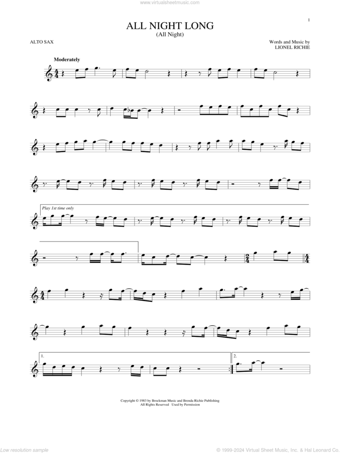 All Night Long (All Night) sheet music for alto saxophone solo by Lionel Richie, intermediate skill level