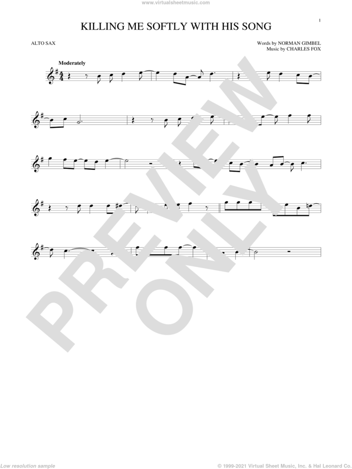 Killing Me Softly With His Song sheet music for alto saxophone solo by Roberta Flack, The Fugees, Charles Fox and Norman Gimbel, intermediate skill level