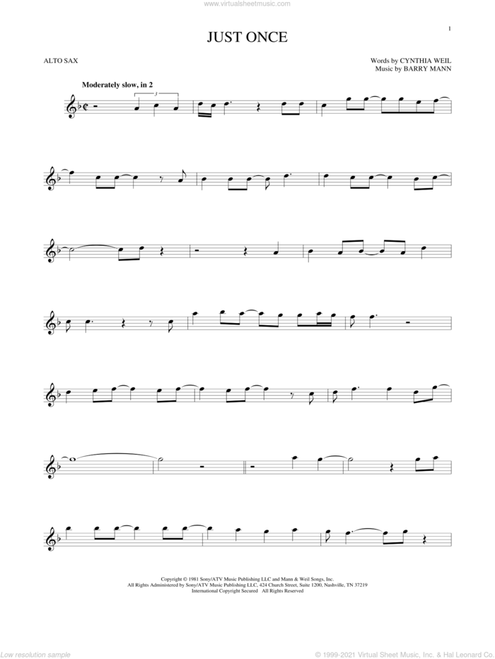 Just Once sheet music for alto saxophone solo by Quincy Jones featuring James Ingram, Barry Mann and Cynthia Weil, intermediate skill level
