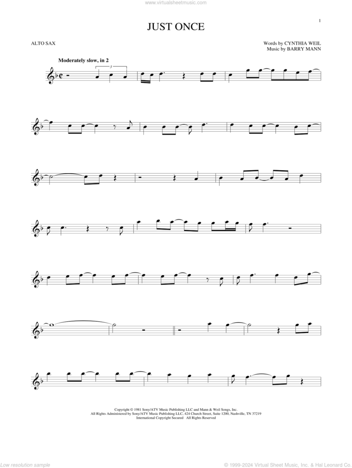 Just Once sheet music for alto saxophone solo by Quincy Jones featuring James Ingram, Barry Mann and Cynthia Weil, intermediate skill level