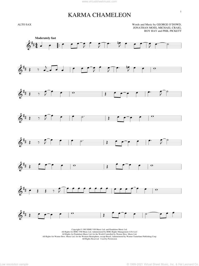 Karma Chameleon sheet music for alto saxophone solo by Culture Club, Jonathan Moss, Michael Craig, Phil Pickett and Roy Hay, intermediate skill level