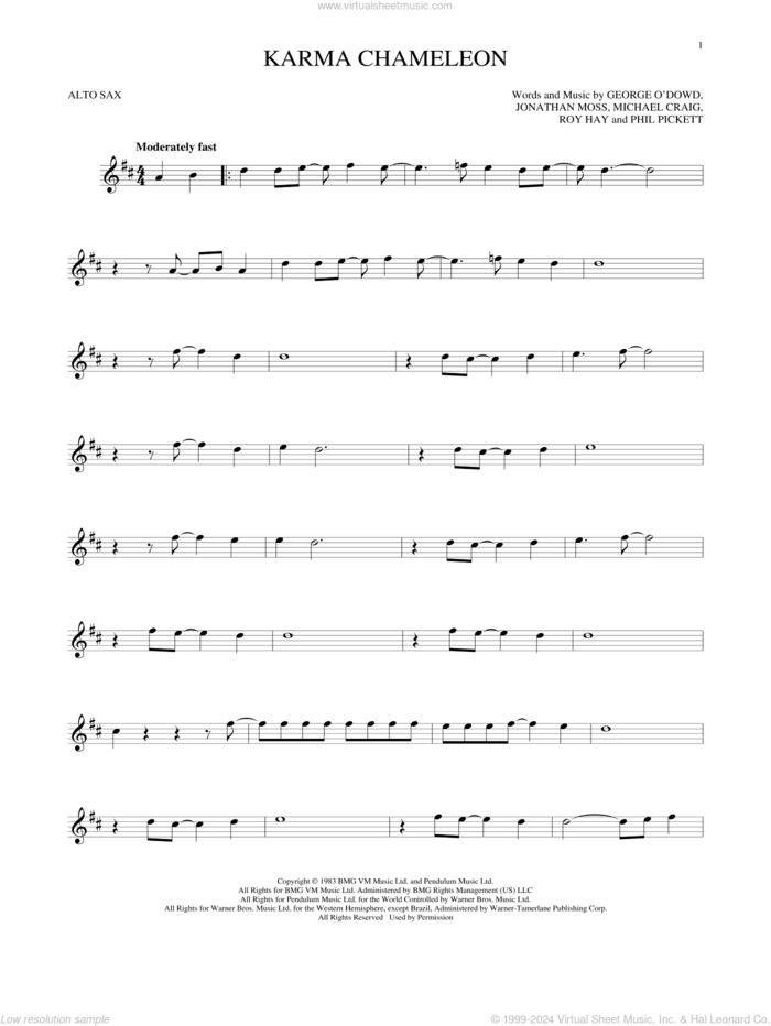 Karma Chameleon sheet music for alto saxophone solo by Culture Club, Jonathan Moss, Michael Craig, Phil Pickett and Roy Hay, intermediate skill level