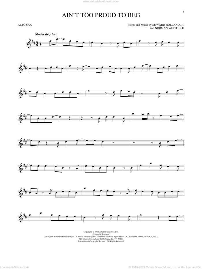 Ain't Too Proud To Beg sheet music for alto saxophone solo by The Temptations, Edward Holland Jr. and Norman Whitfield, intermediate skill level