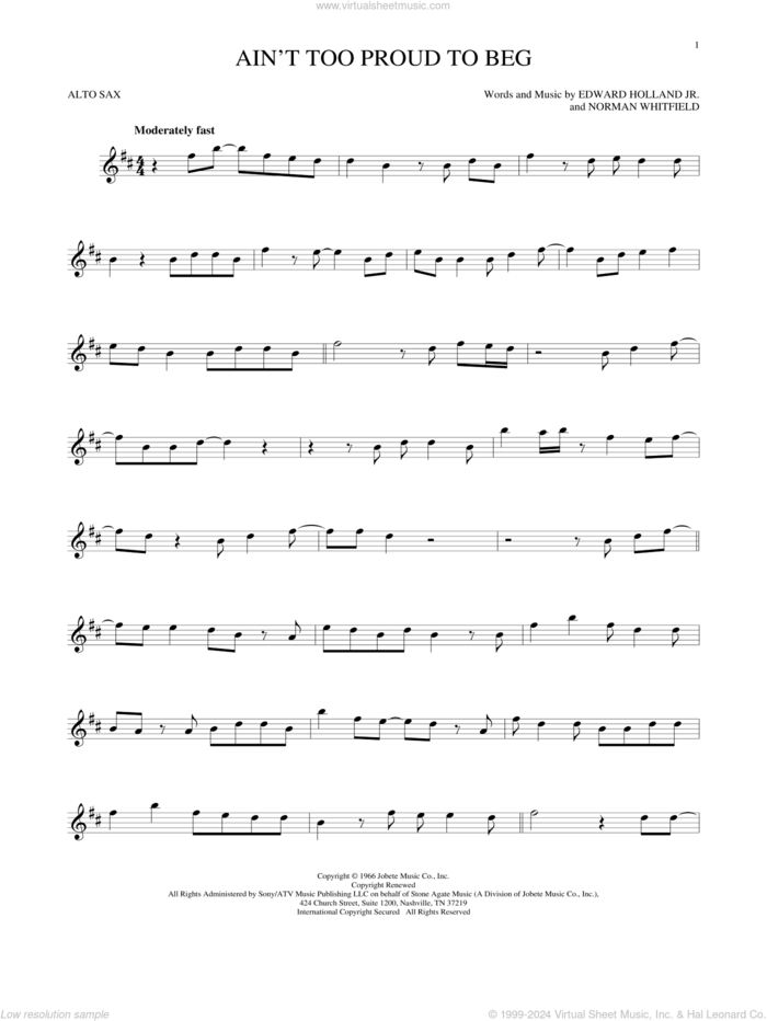 Ain't Too Proud To Beg sheet music for alto saxophone solo by The Temptations, Edward Holland Jr. and Norman Whitfield, intermediate skill level