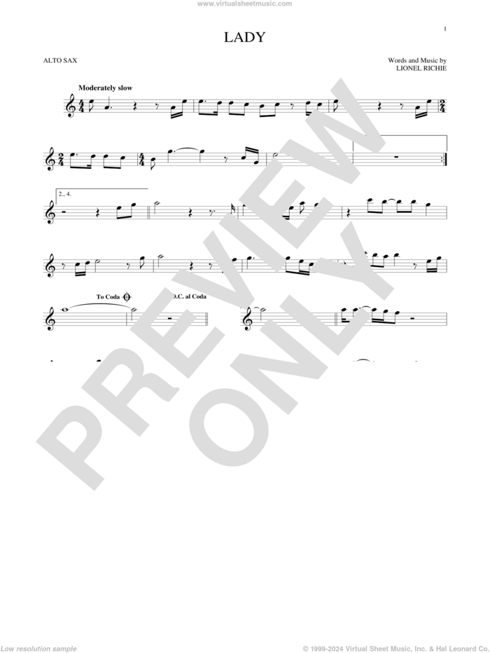 Lady sheet music for alto saxophone solo by Kenny Rogers and Lionel Richie, intermediate skill level