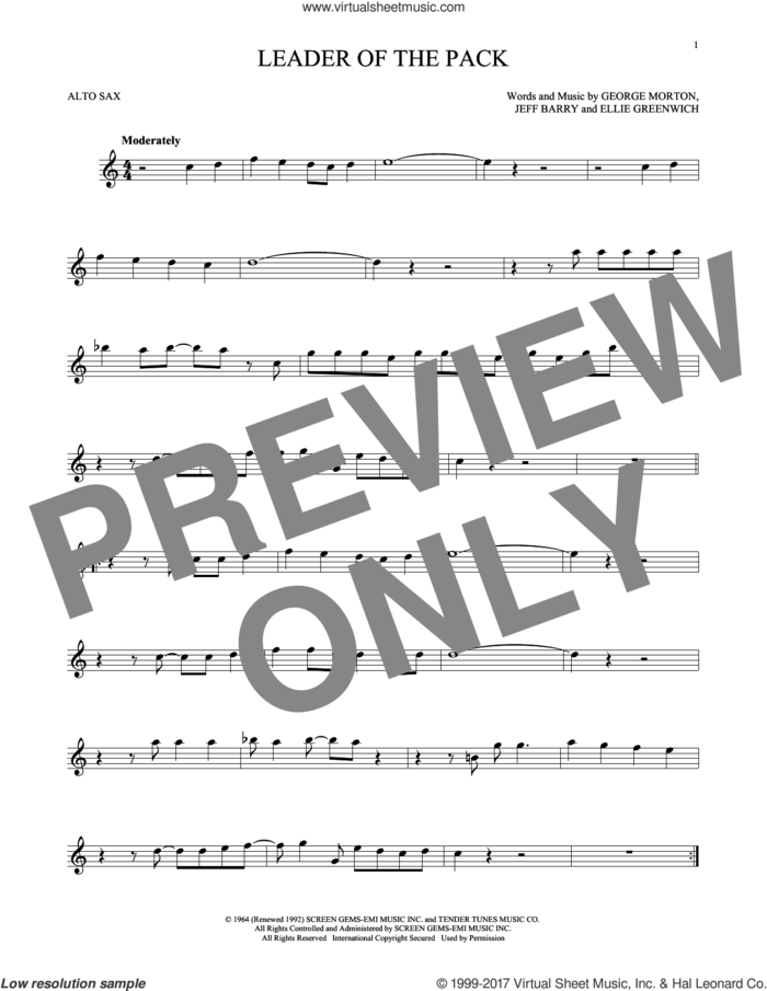 Leader Of The Pack sheet music for alto saxophone solo by The Shangri-Las, Ellie Greenwich, George Morton and Jeff Barry, intermediate skill level
