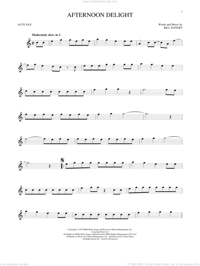 Afternoon Delight sheet music for alto saxophone solo by Starland Vocal Band and Bill Danoff, intermediate skill level