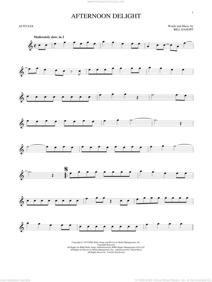 Afternoon Delight sheet music for alto saxophone solo by Starland Vocal Band and Bill Danoff, intermediate skill level