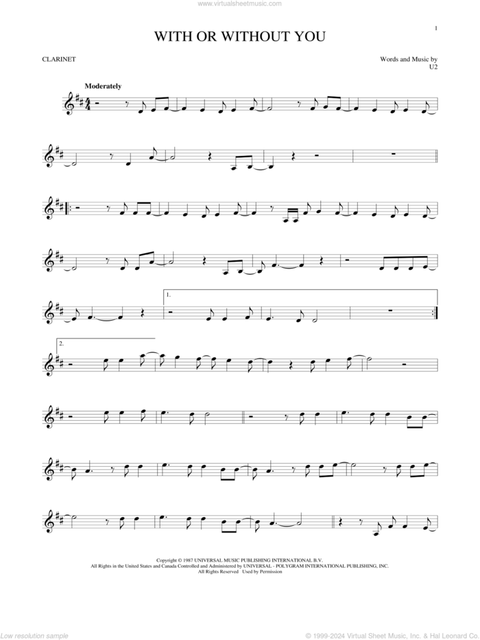 With Or Without You sheet music for clarinet solo by U2, intermediate skill level