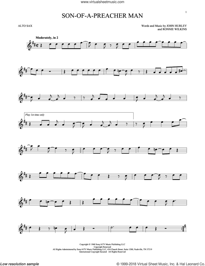 Son-Of-A-Preacher Man sheet music for alto saxophone solo by Dusty Springfield, John Hurley and Ronnie Wilkins, intermediate skill level
