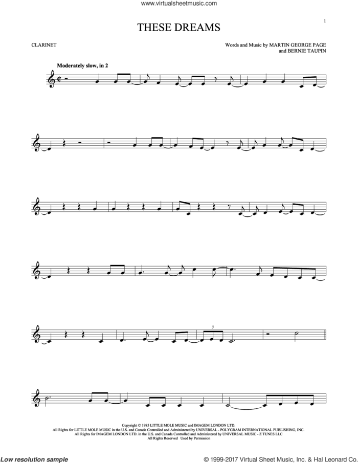 These Dreams sheet music for clarinet solo by Heart, Bernie Taupin and Martin George Page, intermediate skill level
