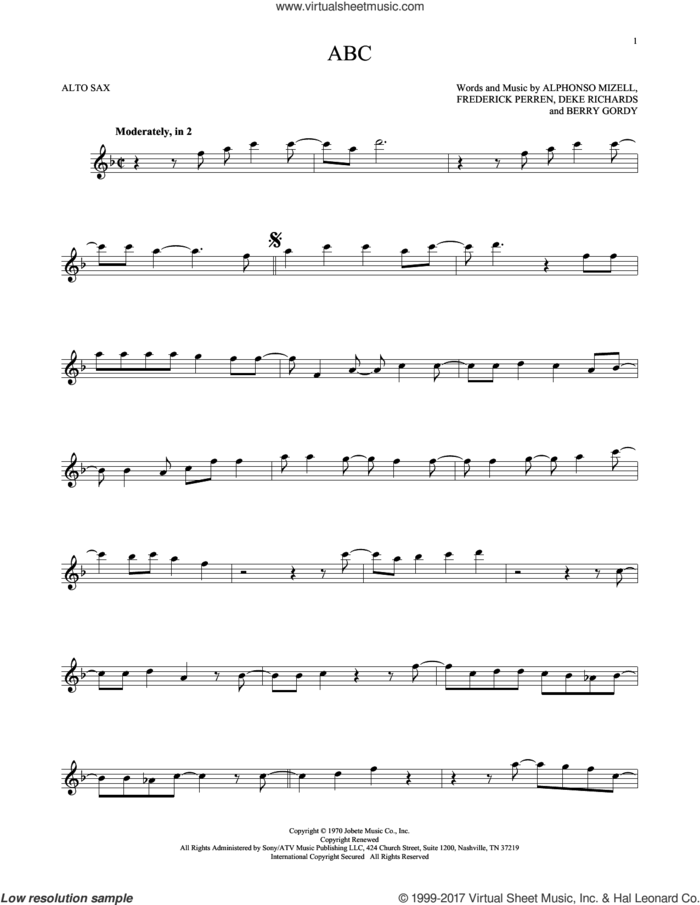 ABC sheet music for alto saxophone solo by The Jackson 5, Alphonso Mizell, Berry Gordy, Deke Richards and Frederick Perren, intermediate skill level
