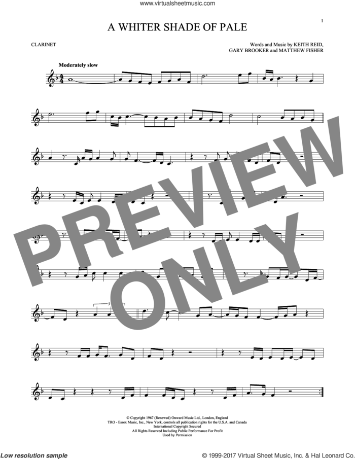 A Whiter Shade Of Pale sheet music for clarinet solo by Procol Harum, Gary Brooker, Keith Reid and Matthew Fisher, wedding score, intermediate skill level