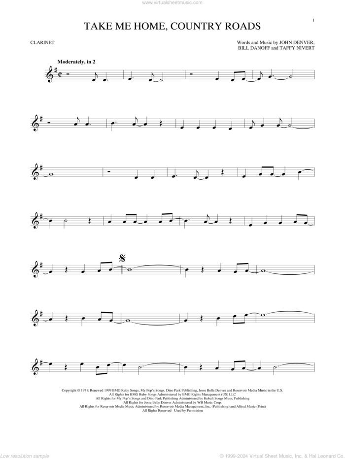 Take Me Home, Country Roads sheet music for clarinet solo by John Denver, Bill Danoff and Taffy Nivert, intermediate skill level