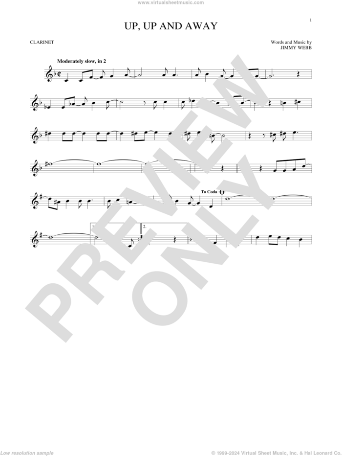 Up, Up And Away sheet music for clarinet solo by The Fifth Dimension and Jimmy Webb, intermediate skill level