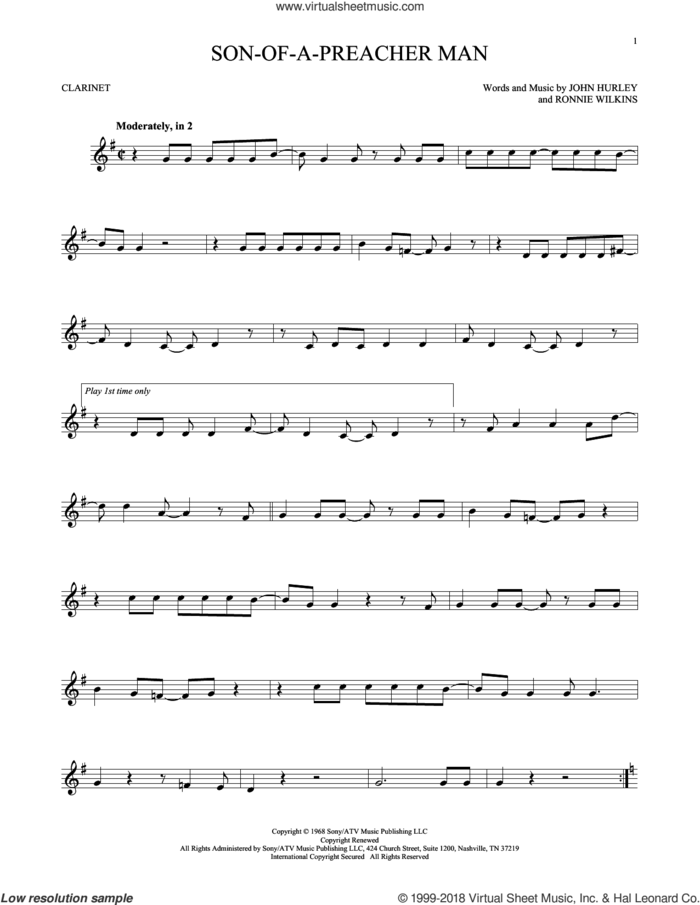 Son-Of-A-Preacher Man sheet music for clarinet solo by Dusty Springfield, John Hurley and Ronnie Wilkins, intermediate skill level