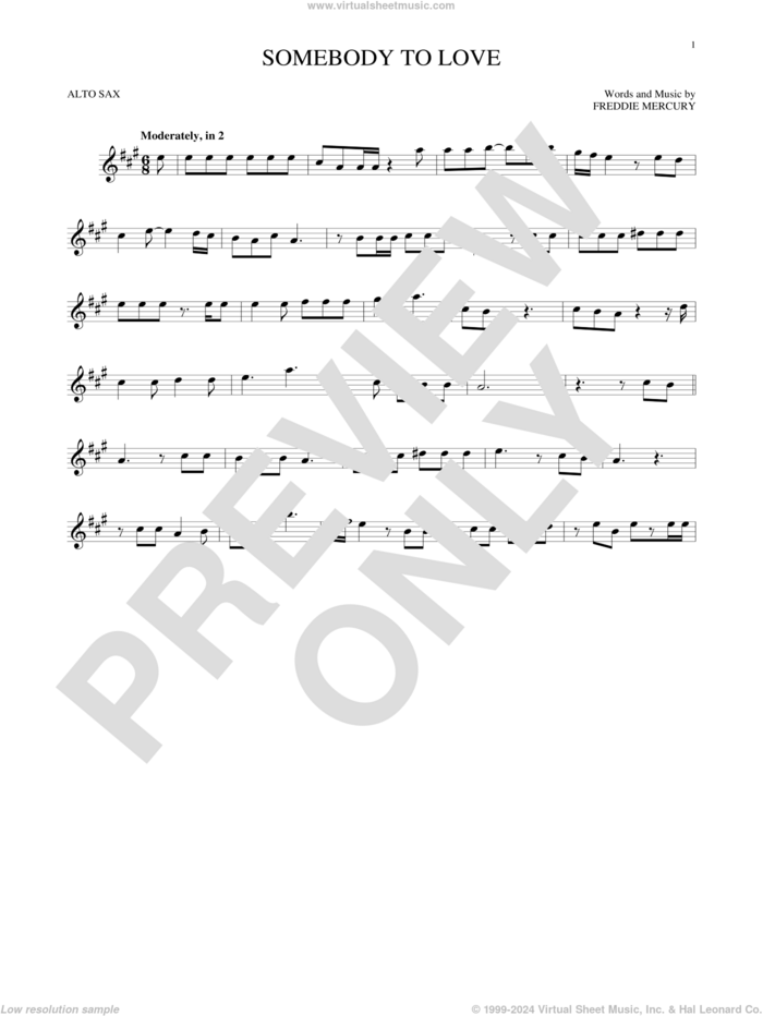 Somebody To Love sheet music for alto saxophone solo by Queen and Freddie Mercury, intermediate skill level