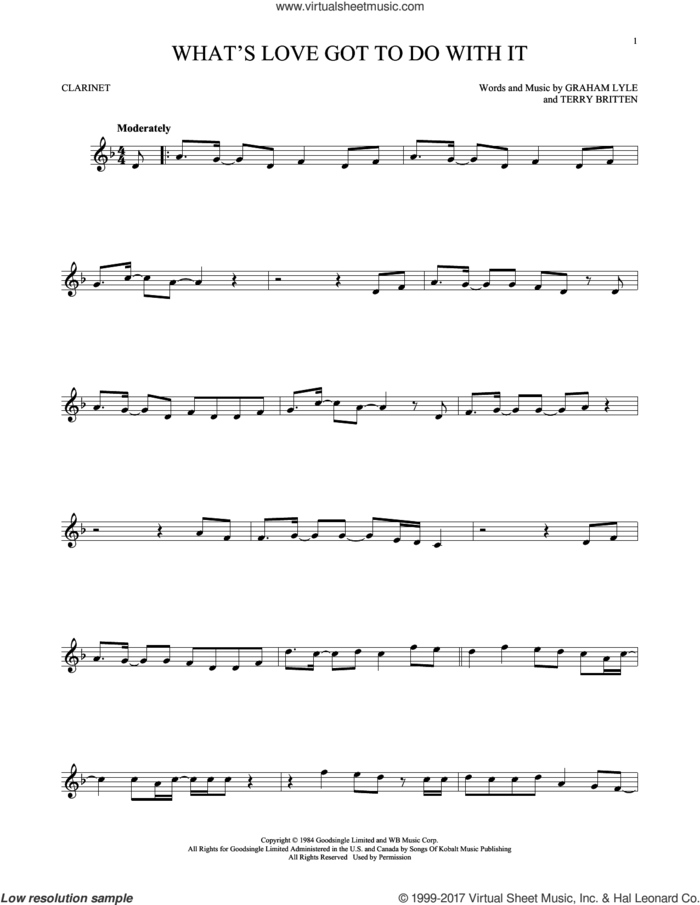 What's Love Got To Do With It sheet music for clarinet solo by Tina Turner, Graham Lyle and Terry Britten, intermediate skill level