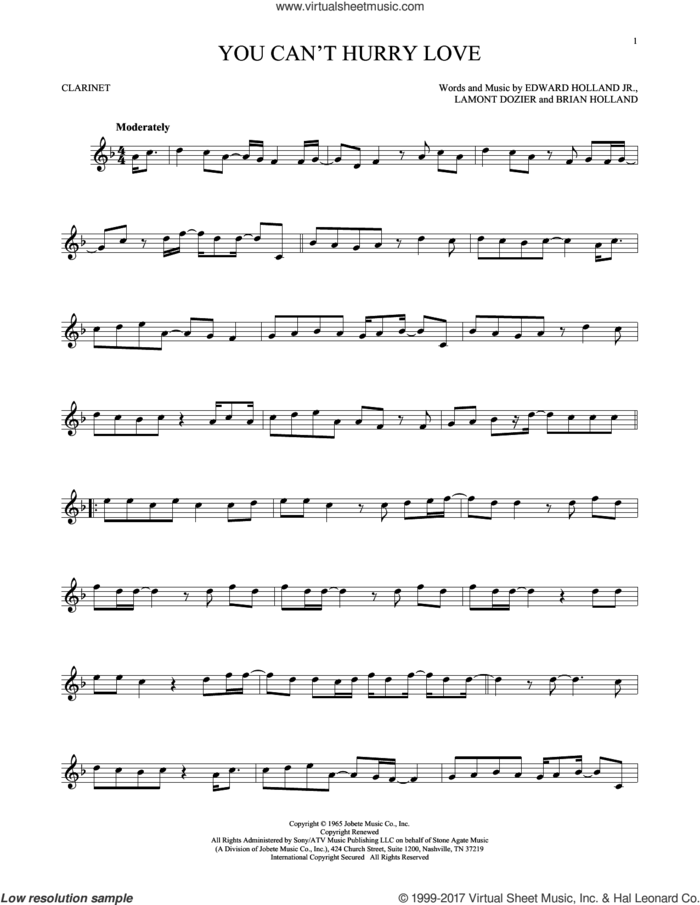 You Can't Hurry Love sheet music for clarinet solo by The Supremes, Phil Collins, Brian Holland, Edward Holland Jr. and Lamont Dozier, intermediate skill level