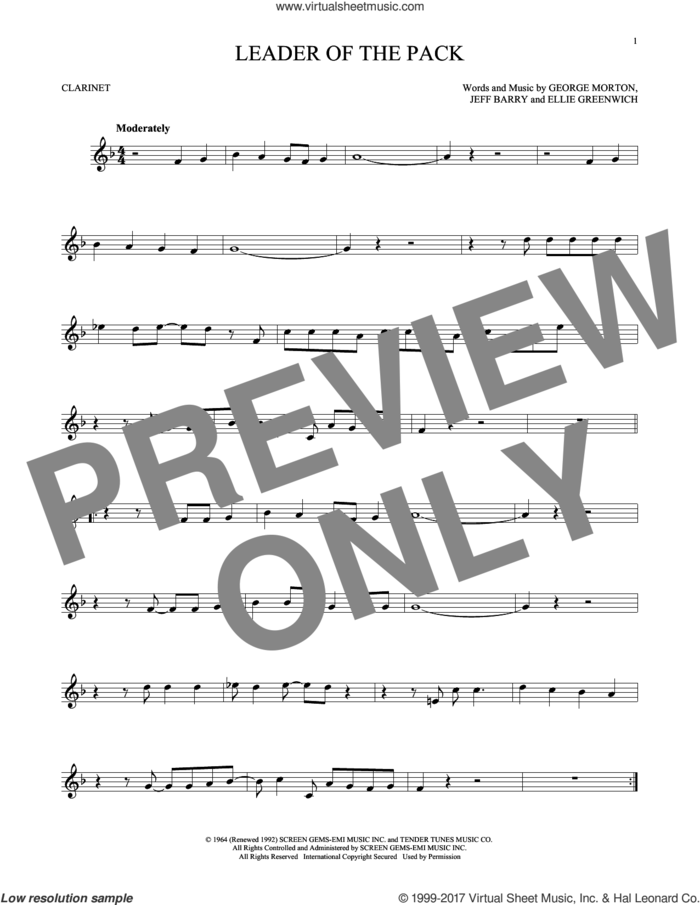 Leader Of The Pack sheet music for clarinet solo by The Shangri-Las, Ellie Greenwich, George Morton and Jeff Barry, intermediate skill level