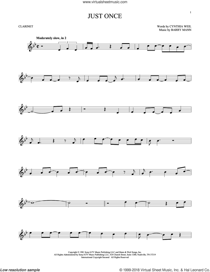 Just Once sheet music for clarinet solo by Quincy Jones featuring James Ingram, Barry Mann and Cynthia Weil, intermediate skill level