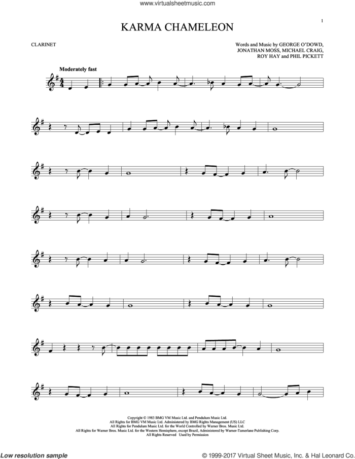 Karma Chameleon sheet music for clarinet solo by Culture Club, Jonathan Moss, Michael Craig, Phil Pickett and Roy Hay, intermediate skill level