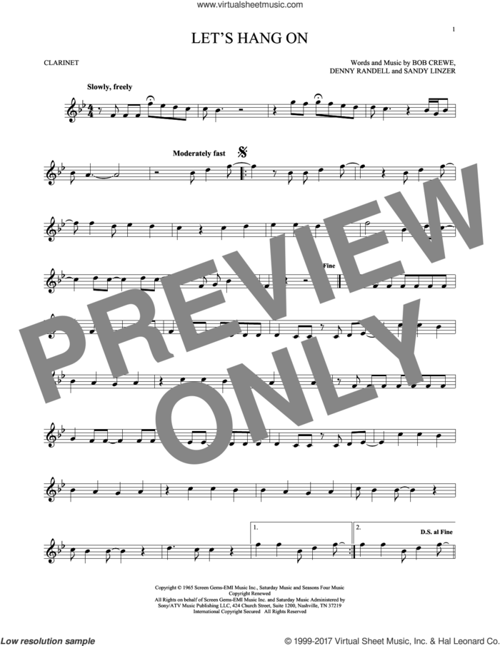 Let's Hang On sheet music for clarinet solo by The 4 Seasons, Manhattan Transfer, Bob Crewe, Denny Randell and Sandy Linzer, intermediate skill level