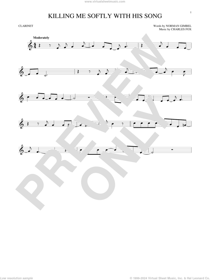 Killing Me Softly With His Song sheet music for clarinet solo by Roberta Flack, The Fugees, Charles Fox and Norman Gimbel, intermediate skill level