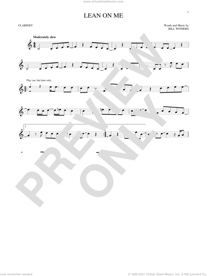 Lean On Me sheet music for clarinet solo by Bill Withers, intermediate skill level