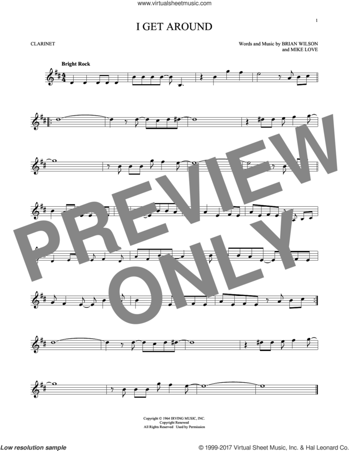 I Get Around sheet music for clarinet solo by The Beach Boys, Brian Wilson and Mike Love, intermediate skill level
