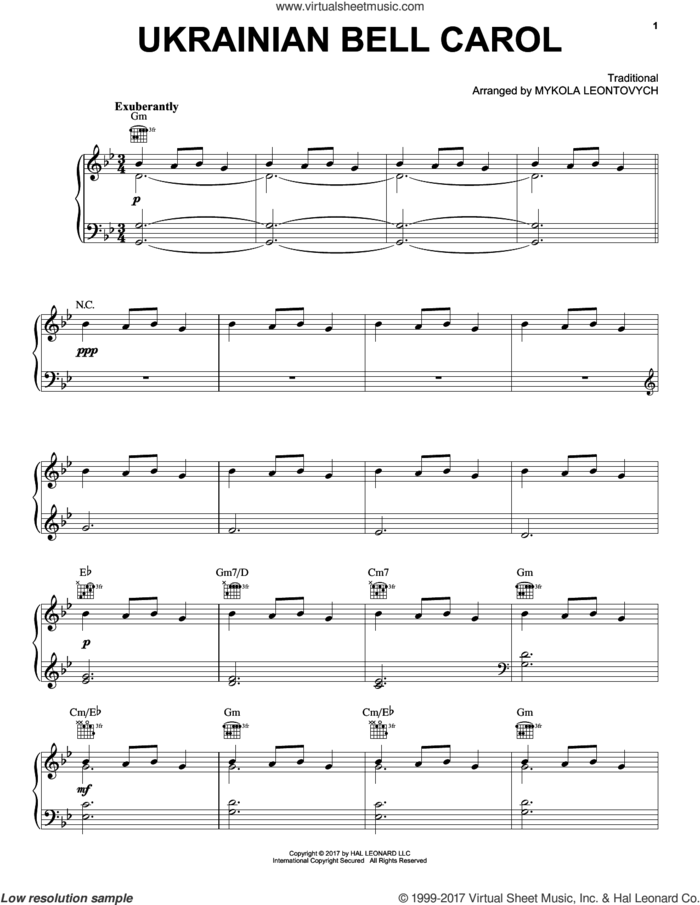 Ukrainian Bell Carol sheet music for voice, piano or guitar by Mykola Leontovych and Miscellaneous, intermediate skill level