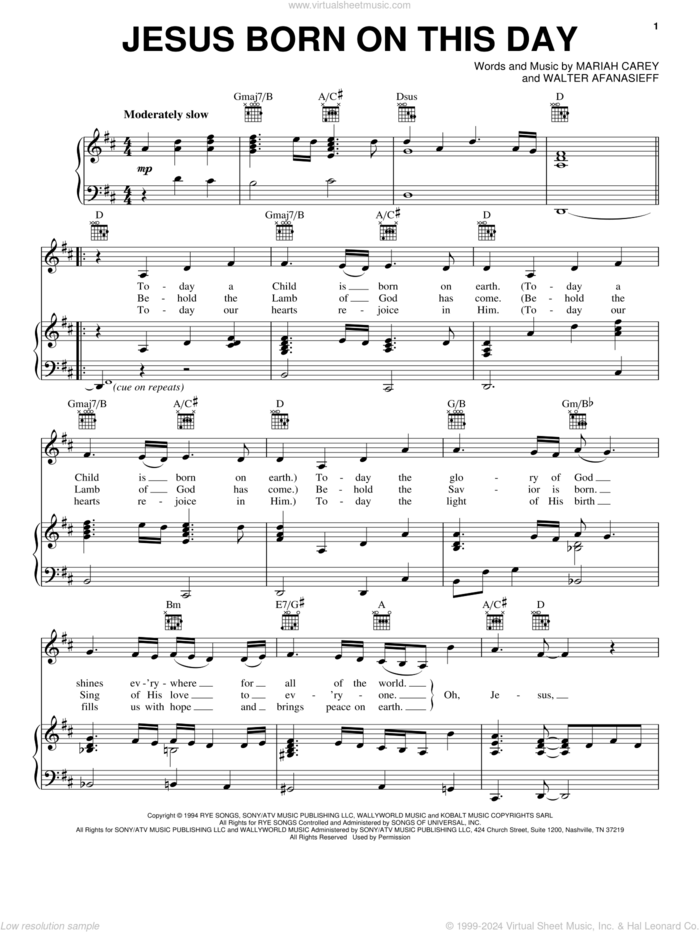 Jesus Born On This Day sheet music for voice, piano or guitar by Mariah Carey and Walter Afanasieff, intermediate skill level