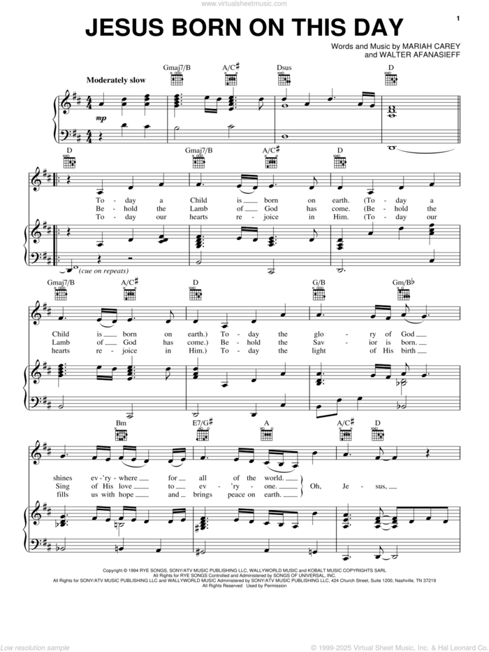 Jesus Born On This Day sheet music for voice, piano or guitar by Mariah Carey and Walter Afanasieff, intermediate skill level