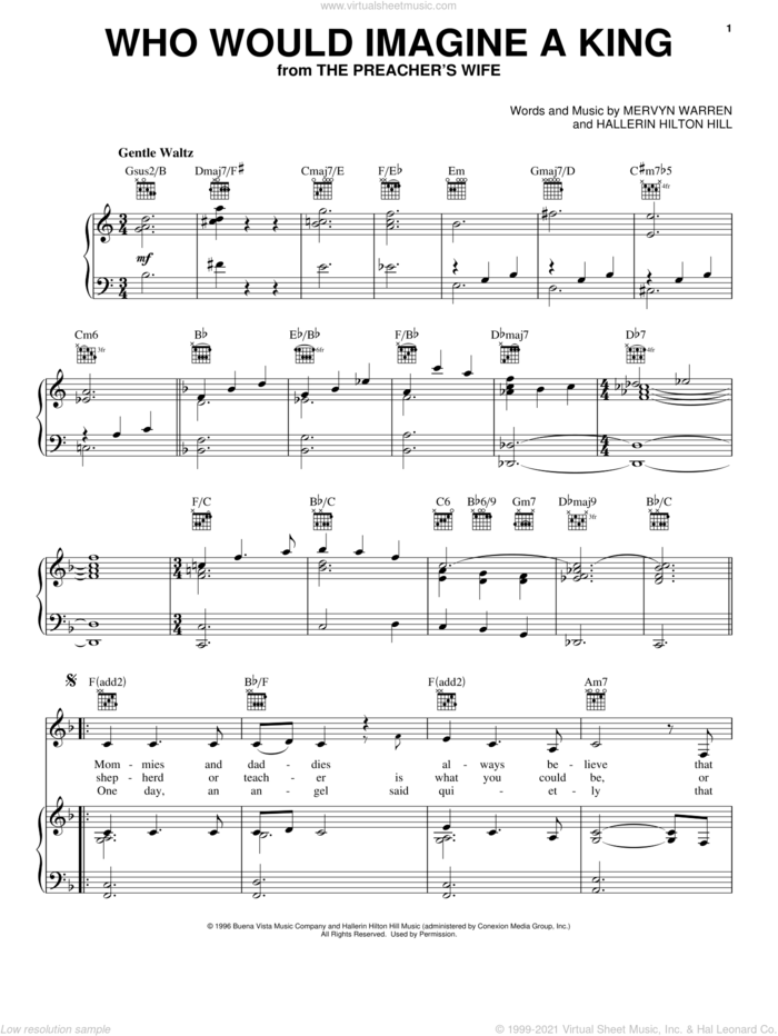 Who Would Imagine A King sheet music for voice, piano or guitar by Mervyn Warren, Whitney Houston and Hallerin Hilton Hill, intermediate skill level