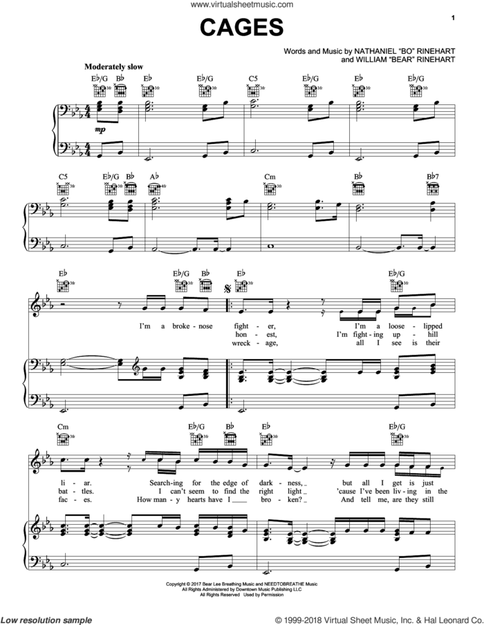 Cages sheet music for voice, piano or guitar by NEEDTOBREATHE, Nathaniel 'Bo' Rinehart and William 'Bear' Rinehart, intermediate skill level