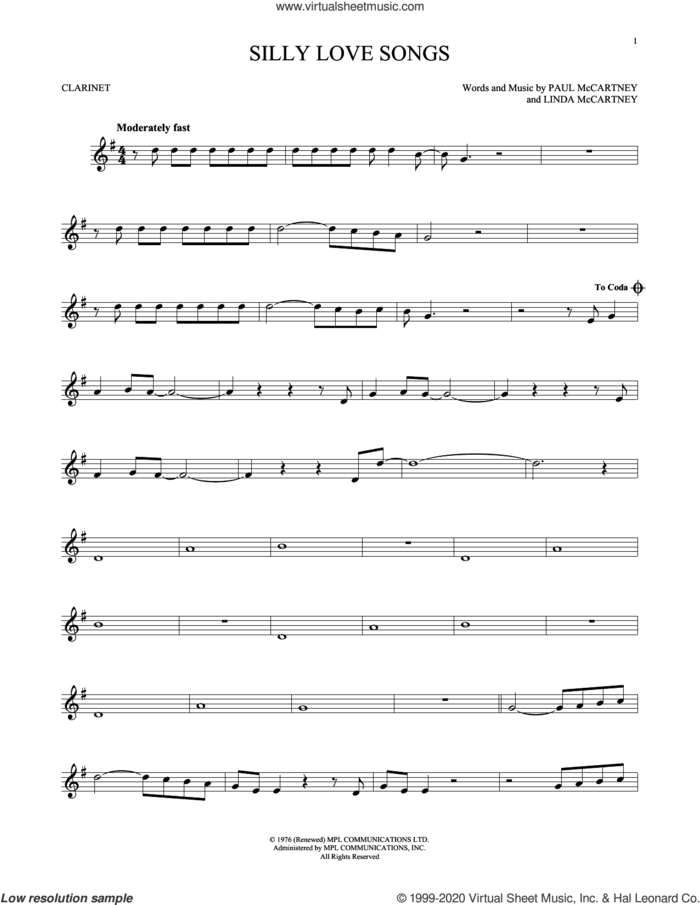 Silly Love Songs sheet music for clarinet solo by Wings, Linda McCartney and Paul McCartney, intermediate skill level