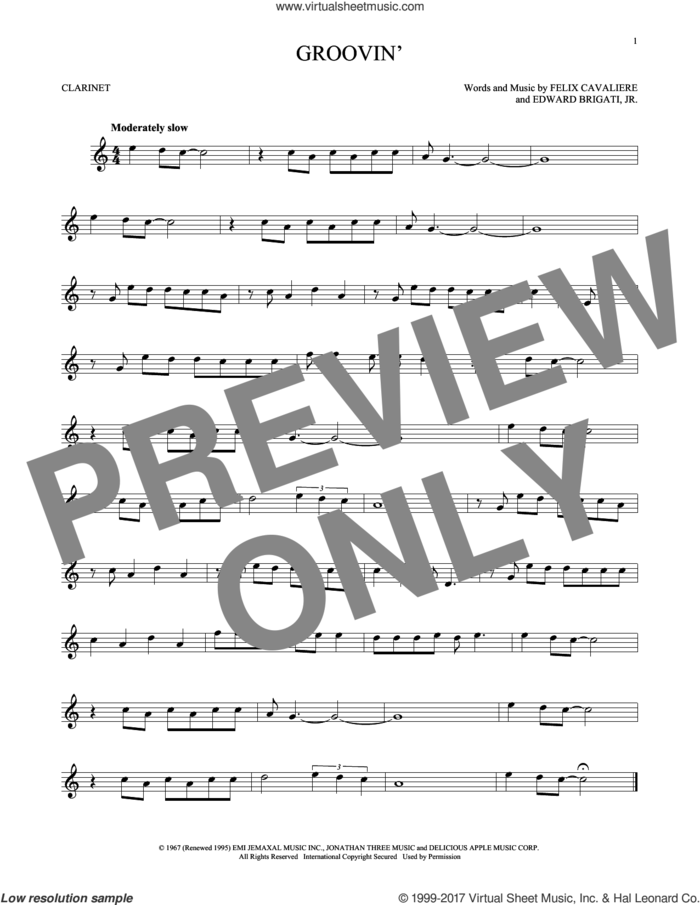 Groovin' sheet music for clarinet solo by Young Rascals, Edward Brigati Jr. and Felix Cavaliere, intermediate skill level