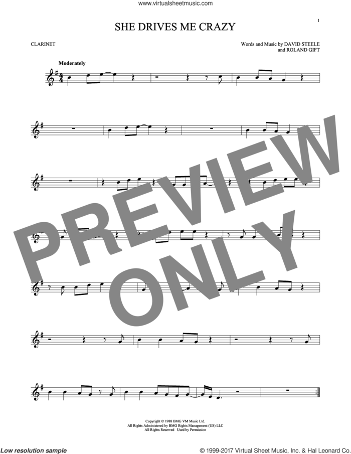She Drives Me Crazy sheet music for clarinet solo by Fine Young Cannibals, David Steele and Roland Gift, intermediate skill level