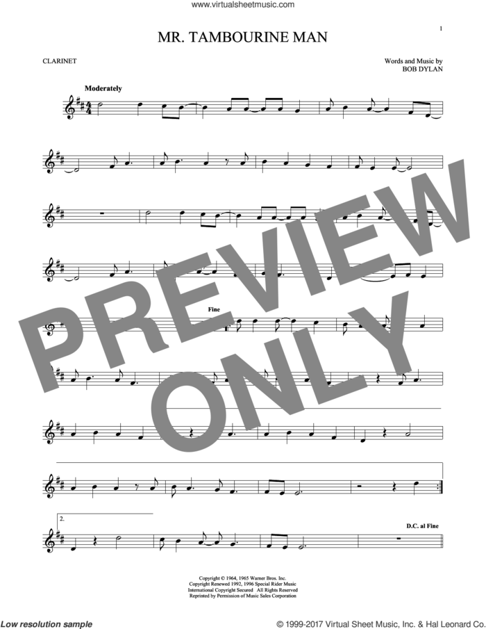 Mr. Tambourine Man sheet music for clarinet solo by Bob Dylan, intermediate skill level