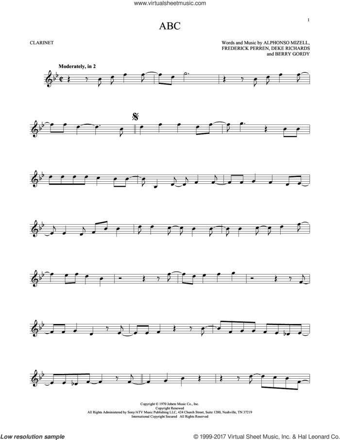 ABC sheet music for clarinet solo by The Jackson 5, Alphonso Mizell, Berry Gordy and Deke Richards, intermediate skill level