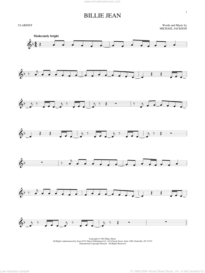 Billie Jean sheet music for clarinet solo by Michael Jackson, intermediate skill level