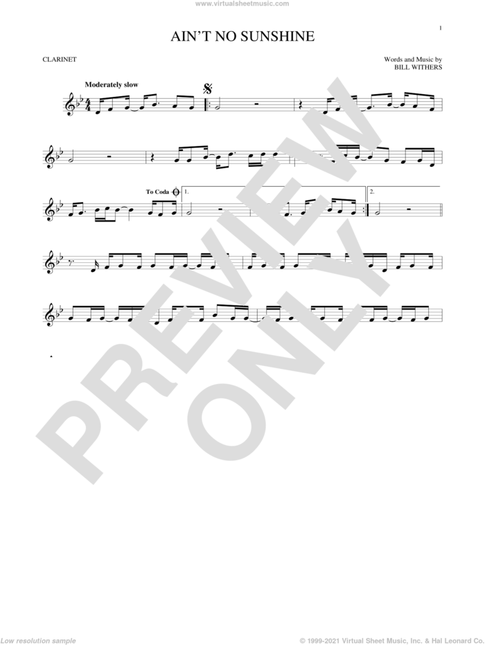 Ain't No Sunshine sheet music for clarinet solo by Bill Withers, intermediate skill level