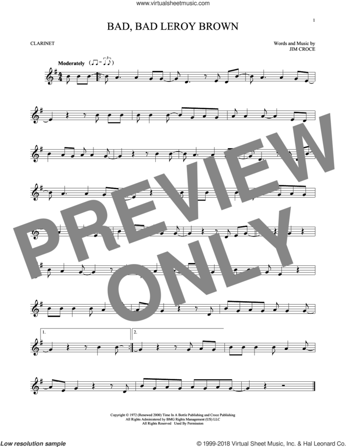 Bad, Bad Leroy Brown sheet music for clarinet solo by Jim Croce, intermediate skill level