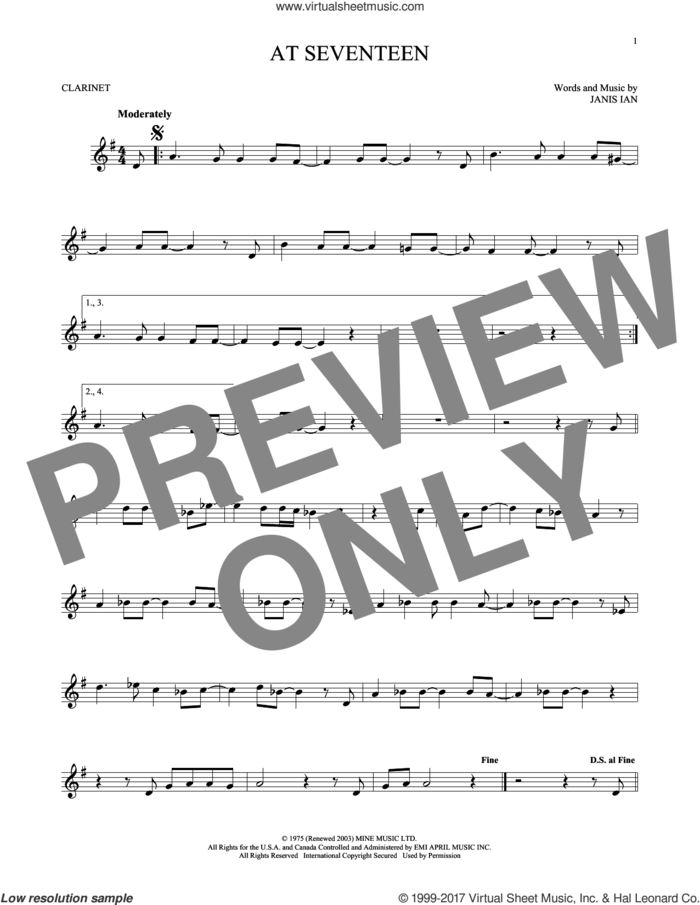At Seventeen sheet music for clarinet solo by Janis Ian, intermediate skill level